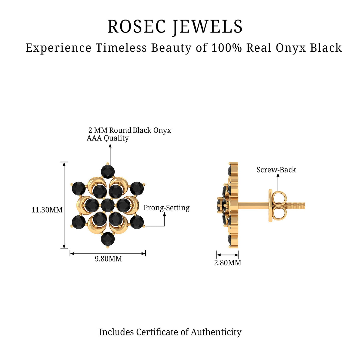 Genuine black onyx flower stud earrings from Rosec Jewels with a bold statement design and silver posts.