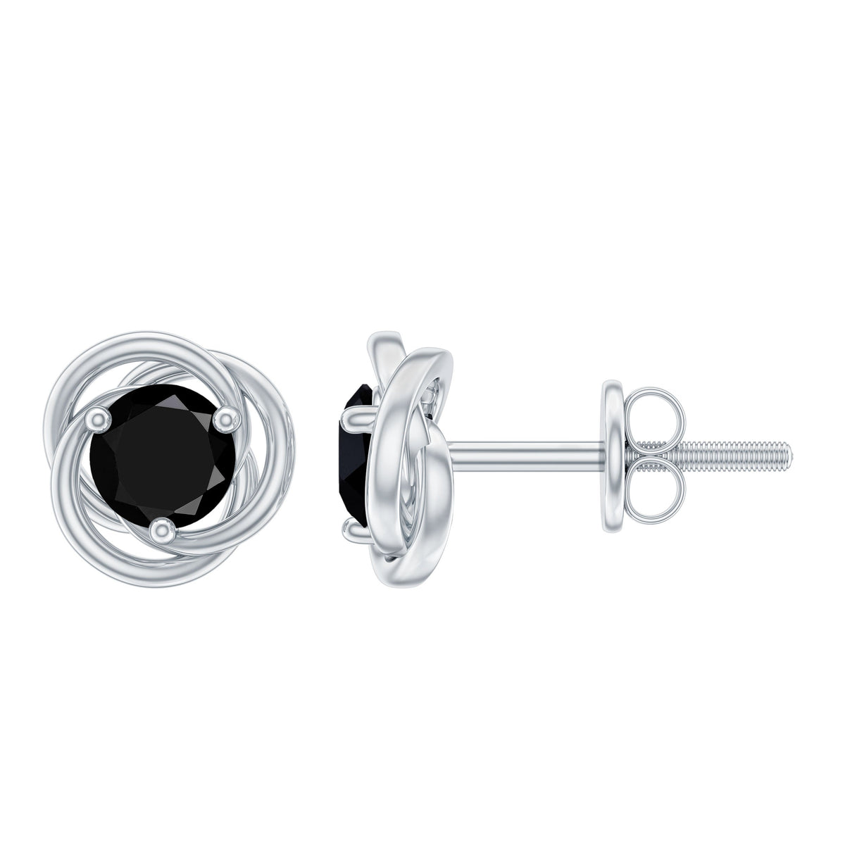 Black onyx swirl stud earrings with 0.9 carat solitaire design by Rosec Jewels, featuring elegant earring posts.