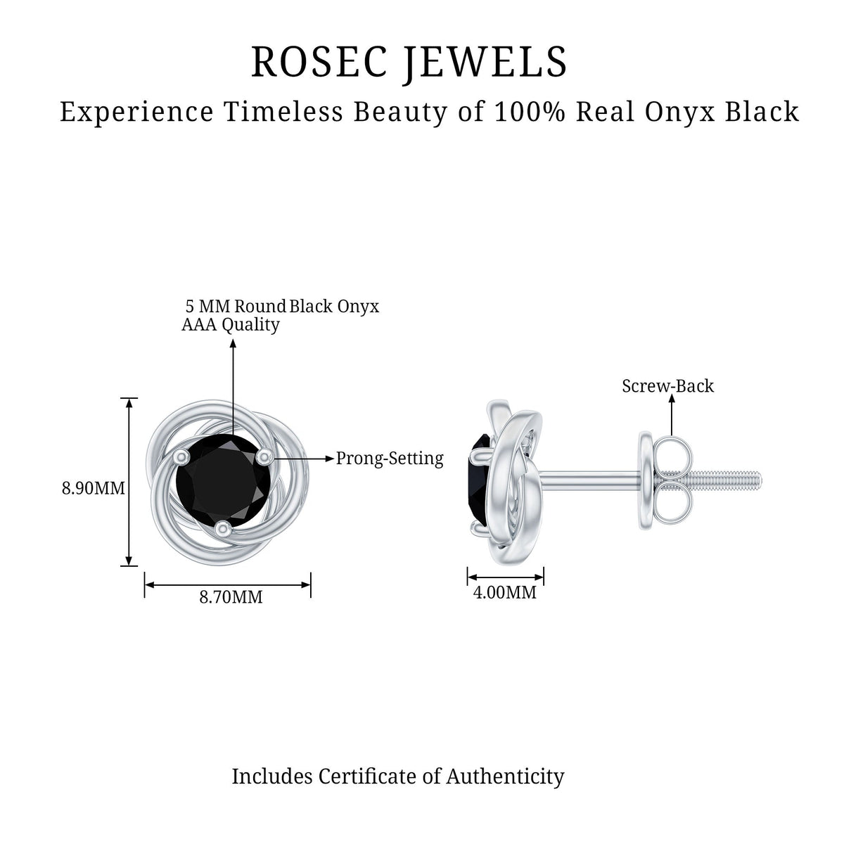 Black onyx swirl stud earrings with 0.9 carat solitaire design by Rosec Jewels, featuring a sleek and elegant style.