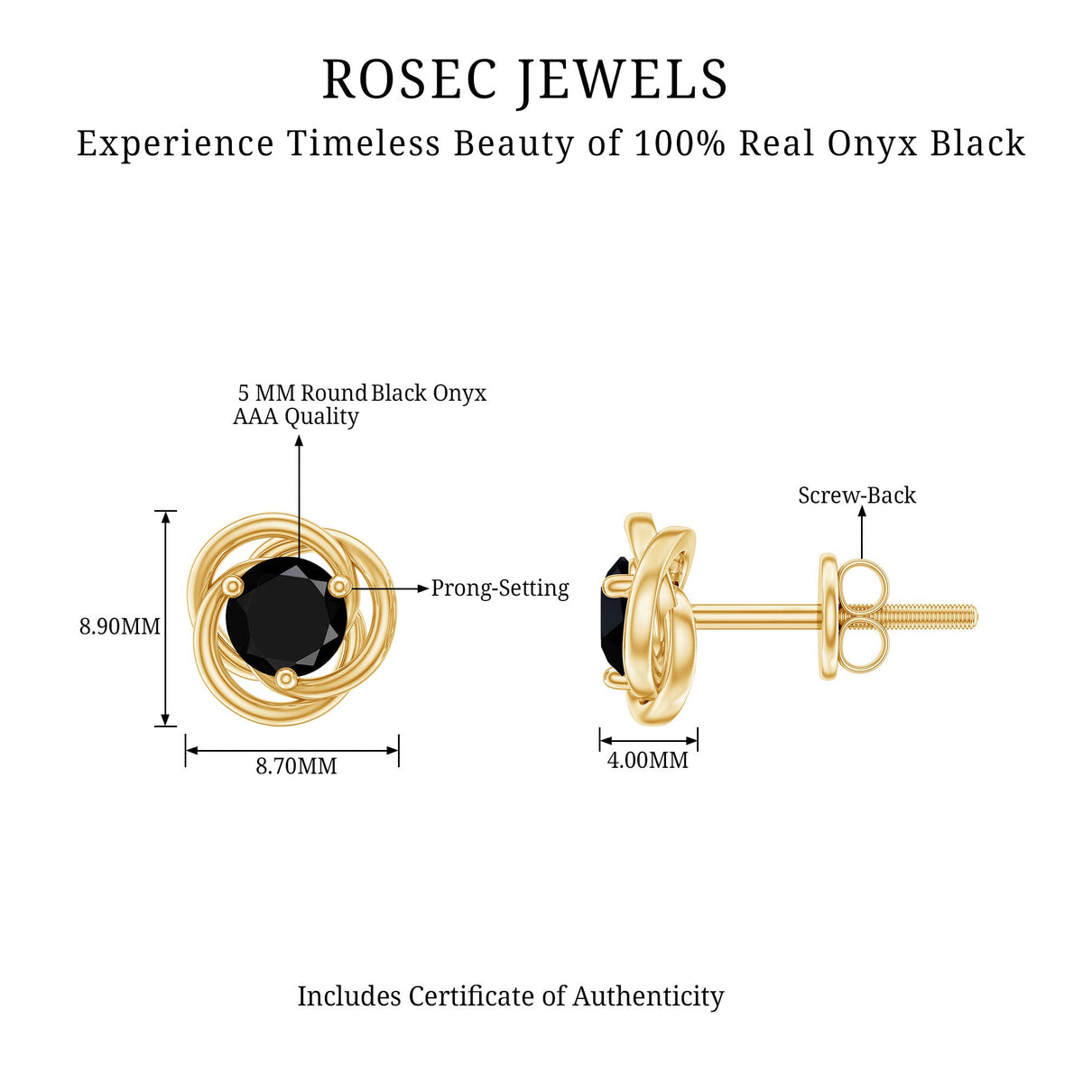 Black onyx swirl stud earrings with 0.9 carat solitaire design by Rosec Jewels, jewelry featuring elegant black gemstone accents.