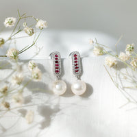 Pearl Bridal Earrings with Ruby and Diamond