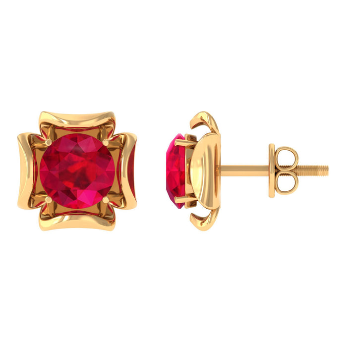 Rosec Jewels Art Deco lab-created ruby solitaire stud earrings featuring sleek, geometric design with vibrant red gemstones.