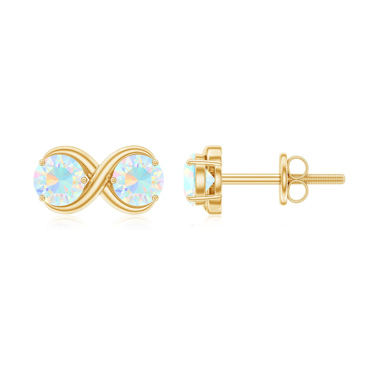 Simple Ethiopian opal two-stone infinity stud earrings by Rosec Jewels, featuring elegant design and sparkling gemstones.
