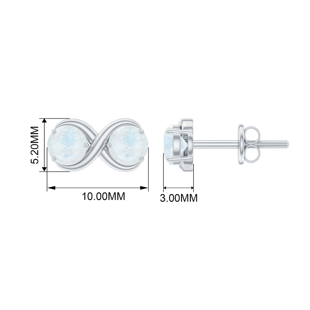 Rosec Jewels 1.50 CT moonstone two-stone infinity stud earrings featuring simple, elegant design with sparkling gemstones
