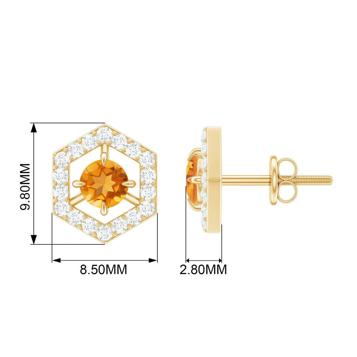 Minimal Citrine and Diamond Geometric Stud Earrings in 1 carat, featuring Rosec Jewels' elegant design and craftsmanship.