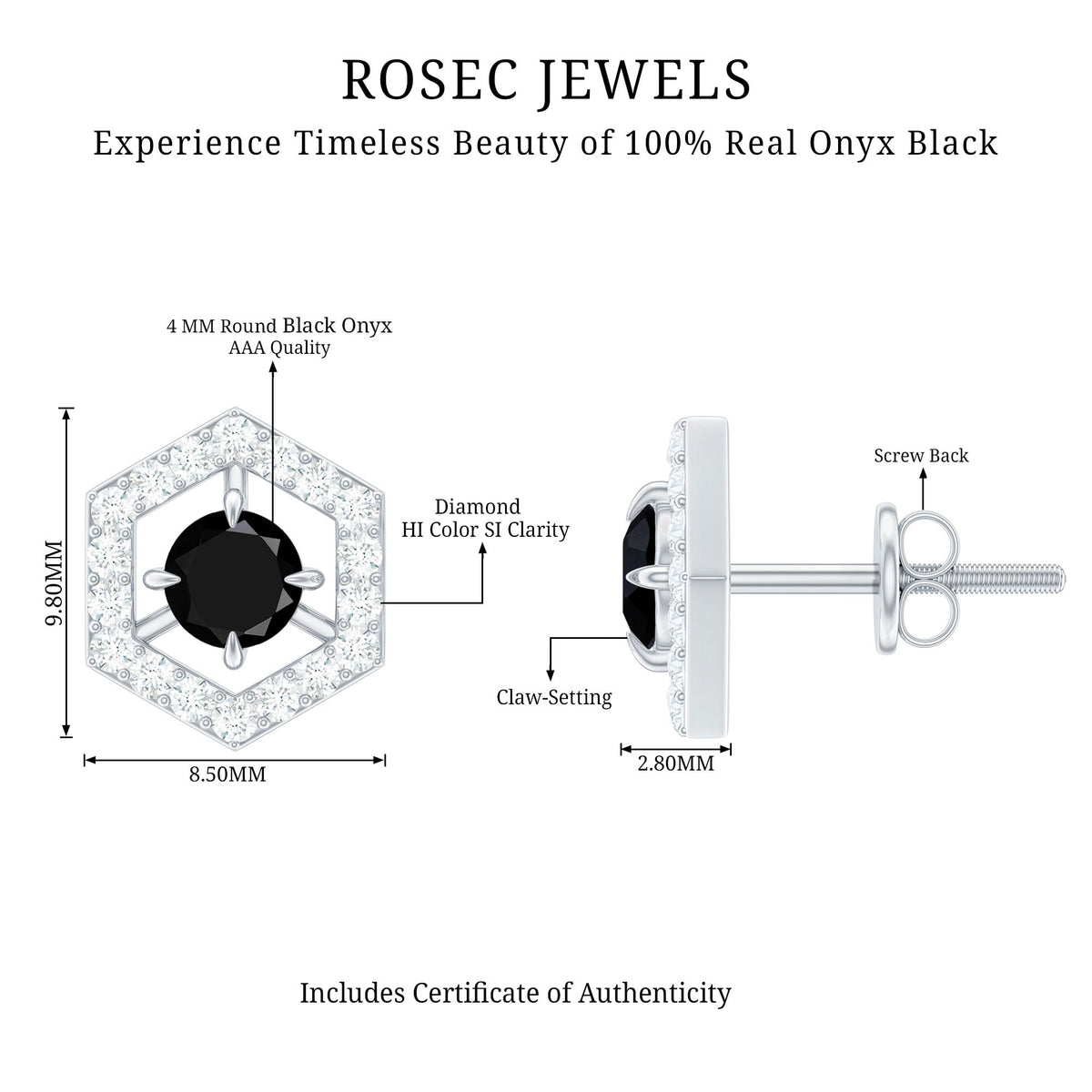 Black onyx geometric earrings with diamond accents by Rosec Jewels, showcasing sleek design and sparkling details.