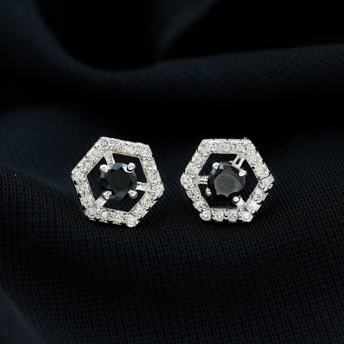 Black onyx geometric earrings with diamond accents by Rosec Jewels, showcasing bold design and elegant craftsmanship.