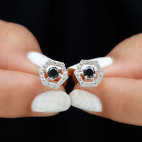 Black onyx geometric earrings with diamond accents by Rosec Jewels, featuring sleek shapes and elegant design.