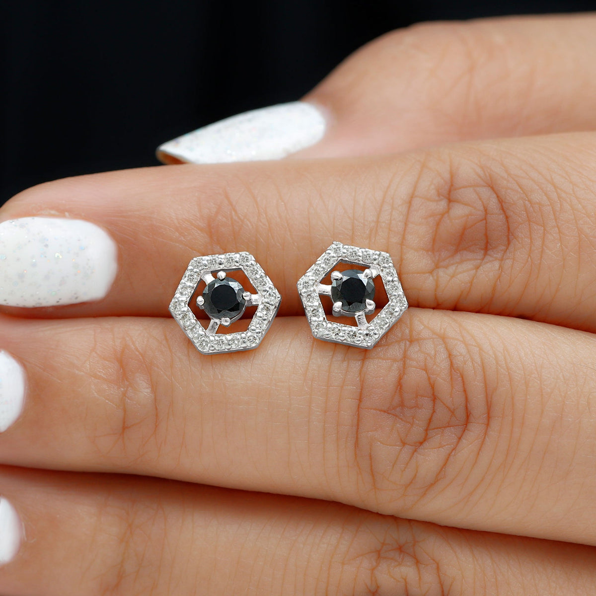 Black onyx geometric earrings with diamond accents by Rosec Jewels, showcasing a sleek, modern design.