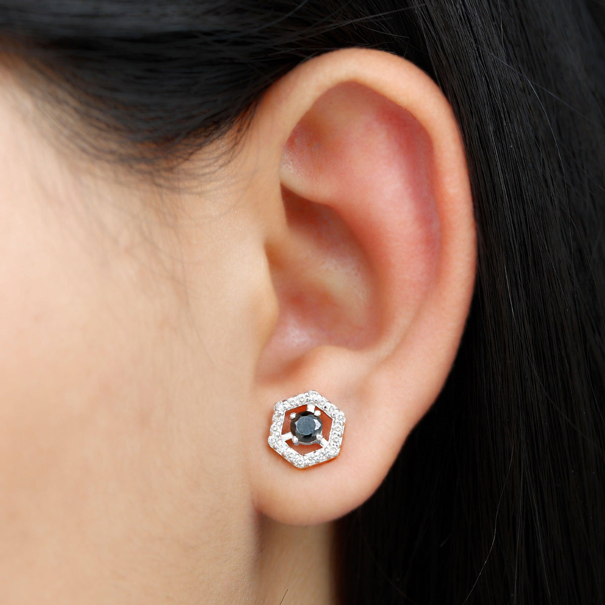 Black Onyx geometric earrings with diamonds by Rosec Jewels, showcasing bold design and sparkling accents.