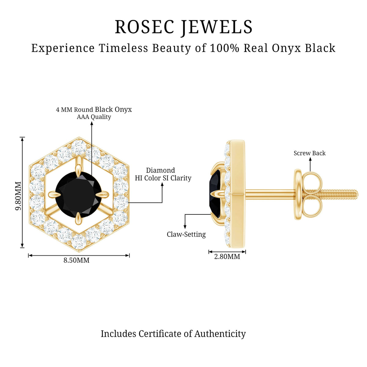 Black onyx geometric earrings with diamond accents by Rosec Jewels, showcasing sleek design and elegant craftsmanship.
