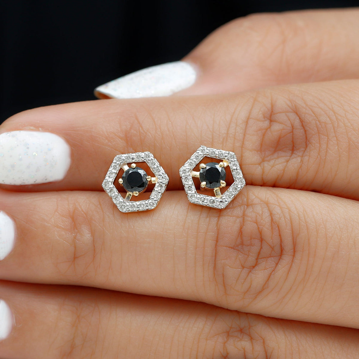 Black Onyx geometric earrings with diamond accents from Rosec Jewels, featuring a modern design in sterling silver.