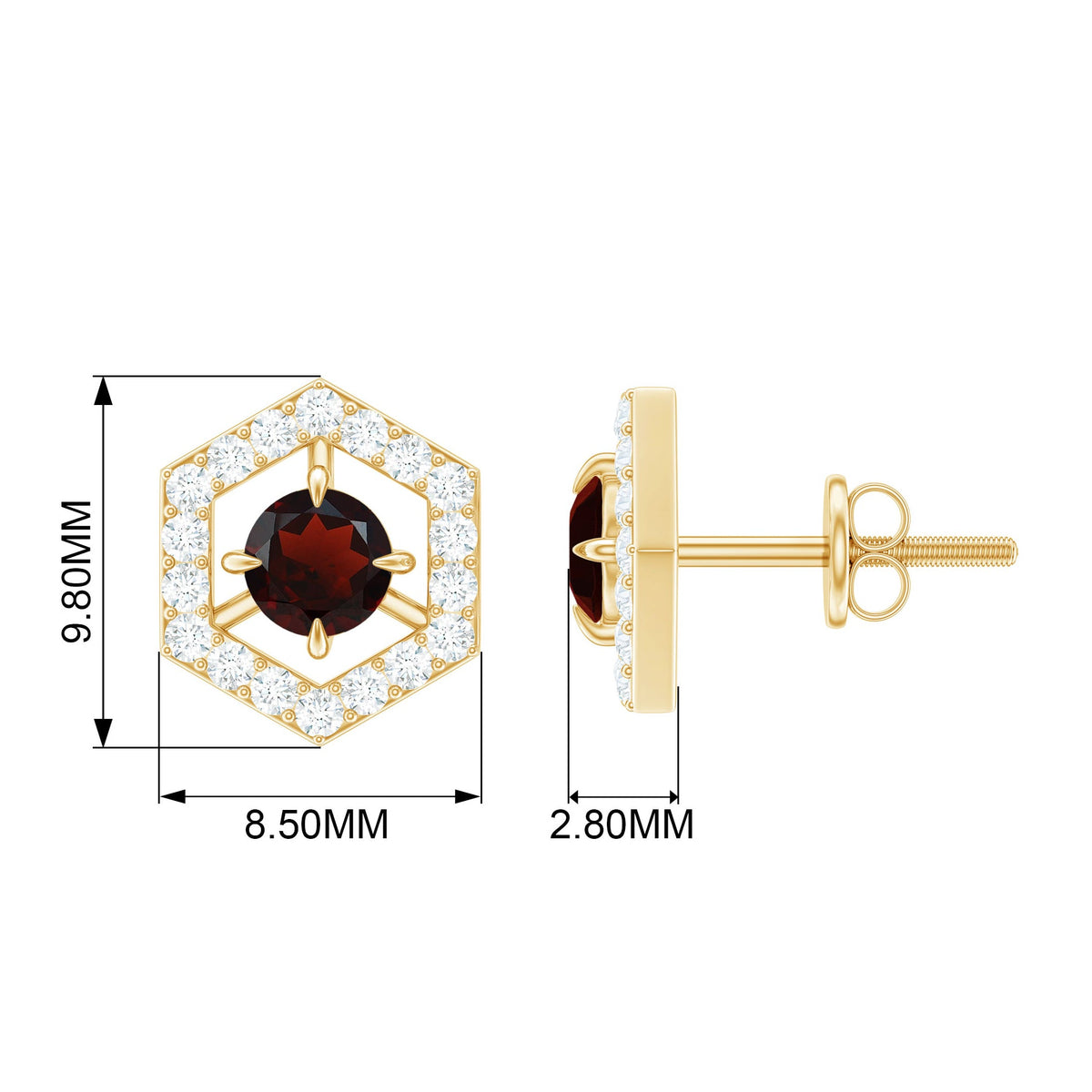 Minimal garnet and diamond geometric stud earrings by Rosec Jewels featuring a 1-carat design and elegant craftsmanship.