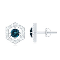 Minimal London Blue Topaz and diamond geometric stud earrings by Rosec Jewels featuring a sleek design with blue sapphires and sparkling diamonds.