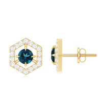 Rosec Jewels 1 CT London Blue Topaz and diamond geometric stud earrings showcasing blue gemstones and sparkling accents.