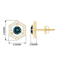 Minimal geometric London Blue Topaz and diamond stud earrings by Rosec Jewels featuring a modern design and sparkling gemstones.