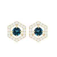 Rosec Jewels 1 CT London Blue Topaz and diamond geometric stud earrings, showcasing elegant design and sparkling gemstones.