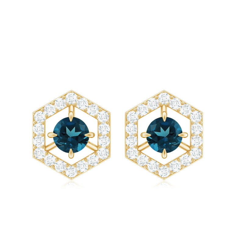 Rosec Jewels 1 CT London Blue Topaz and diamond geometric stud earrings, showcasing elegant design and sparkling gemstones.