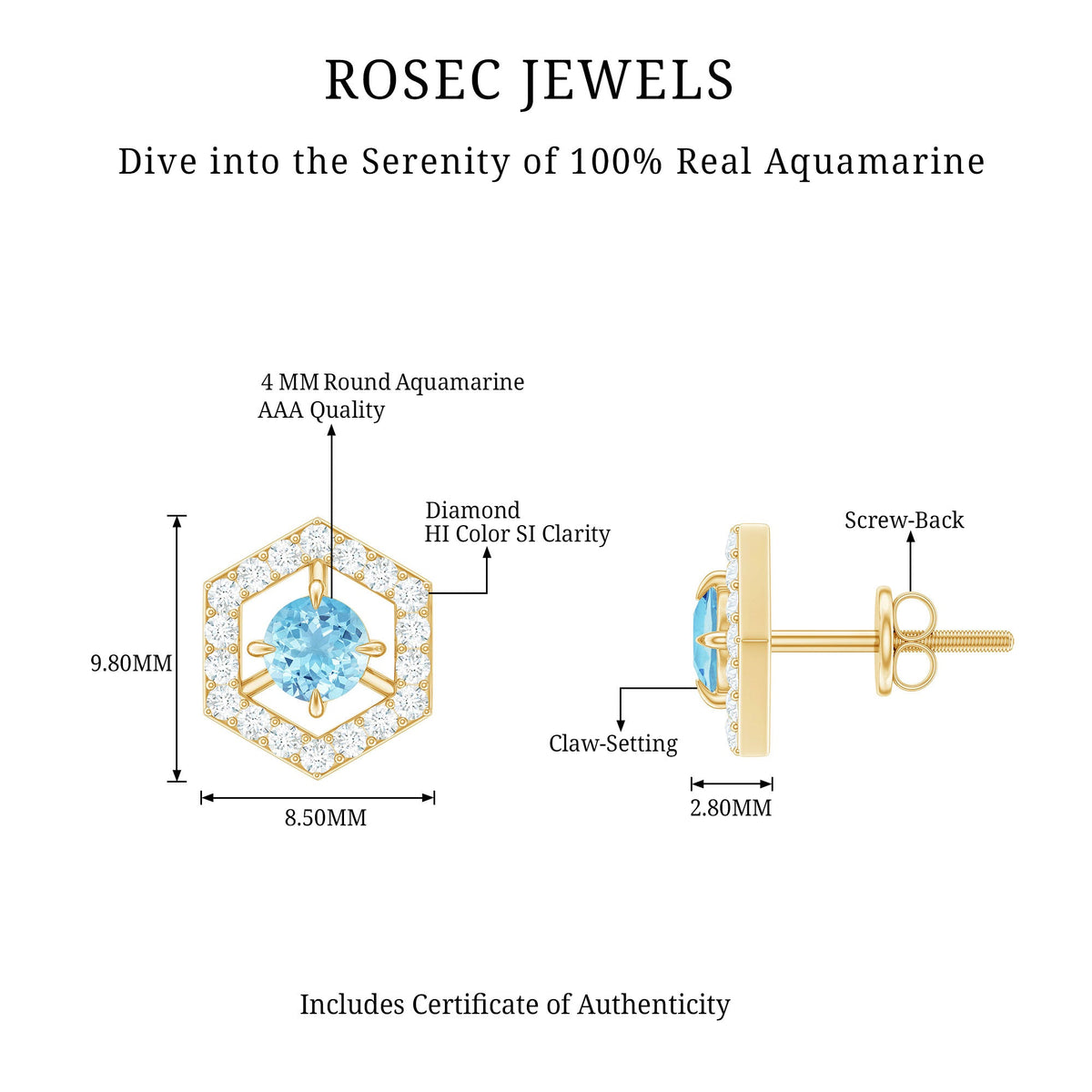 Natural aquamarine and diamond earrings by Rosec Jewels featuring elegant, round cut gemstones with a polished silver setting.