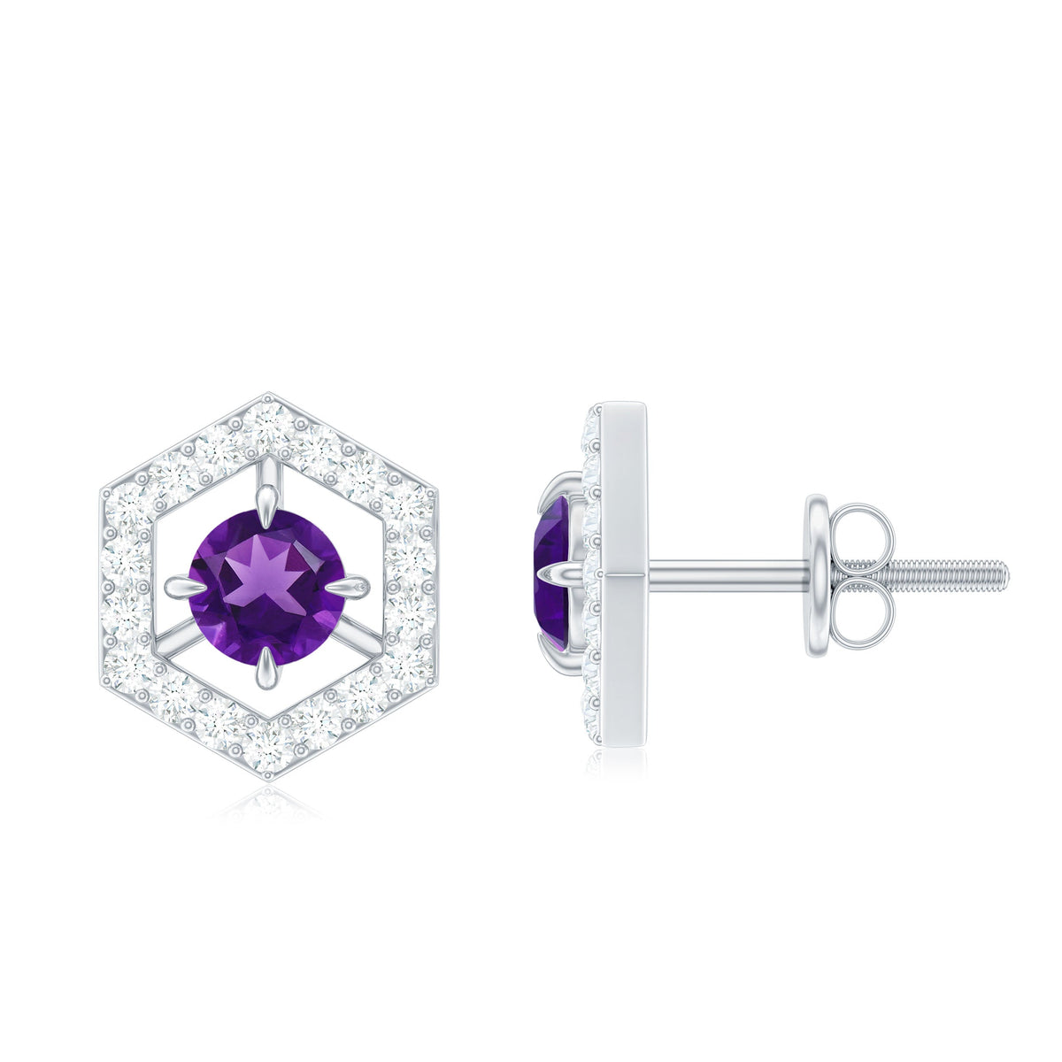 Minimal Amethyst and Diamond Geometric Stud Earrings by Rosec Jewels with purple amethyst stones and sparkling diamond accents.