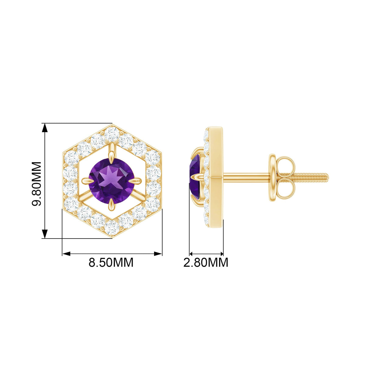 Minimal Amethyst and Diamond Geometric Stud Earrings by Rosec Jewels, showcasing elegant purple gemstones and sparkling accents.
