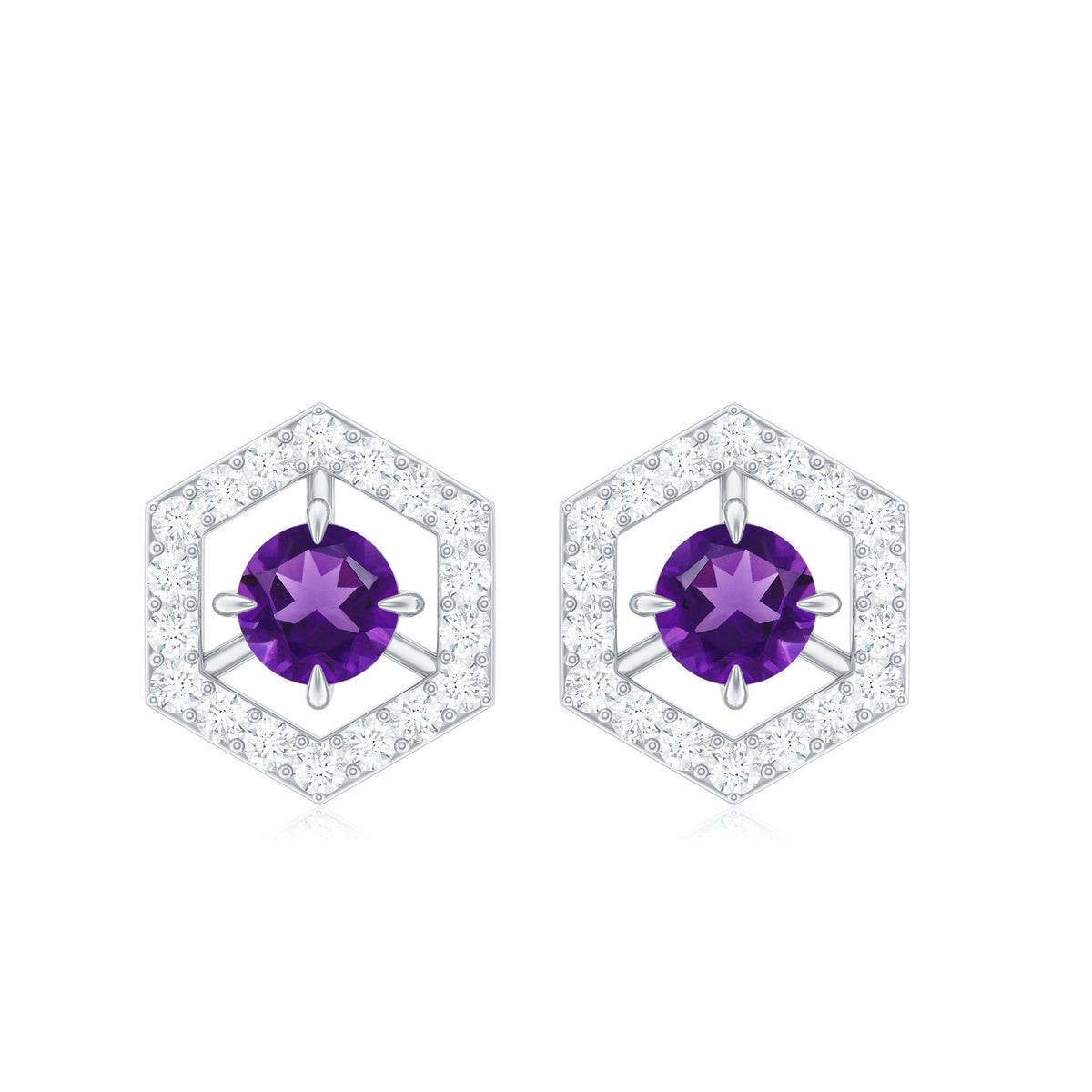 Rosec Jewels minimal amethyst and diamond geometric stud earrings featuring purple gemstones and sparkling accents.