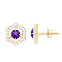 Minimal amethyst and diamond geometric stud earrings by Rosec Jewels featuring sleek design and sparkling gemstones.