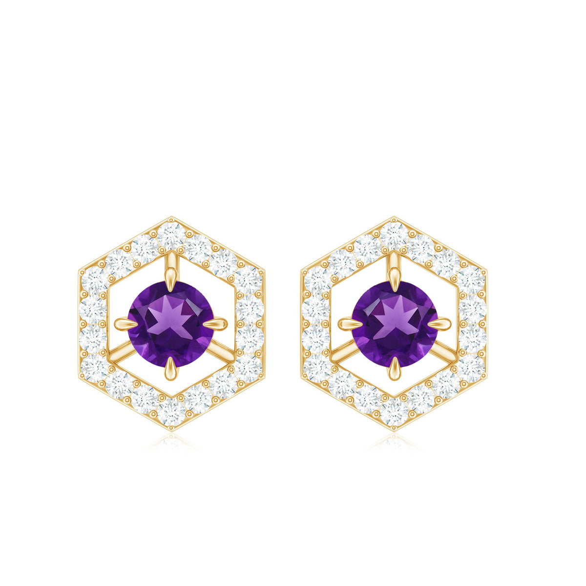 Rosec Jewels minimal amethyst and diamond geometric stud earrings featuring a sleek, modern design with purple gemstones and sparkling accents.