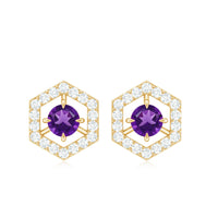 Rosec Jewels minimal amethyst and diamond geometric stud earrings featuring a sleek, modern design with purple gemstones and sparkling accents.