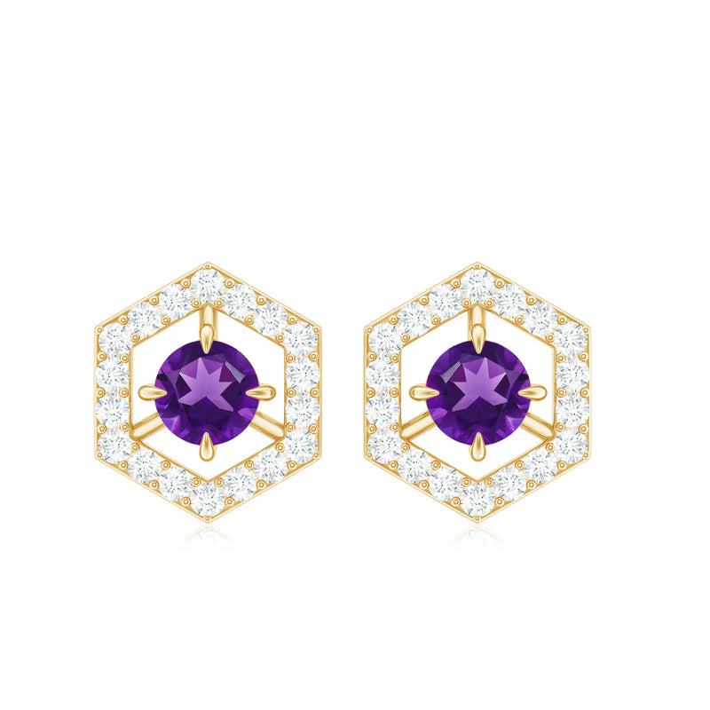Rosec Jewels minimal amethyst and diamond geometric stud earrings featuring a sleek, modern design with purple gemstones and sparkling accents.