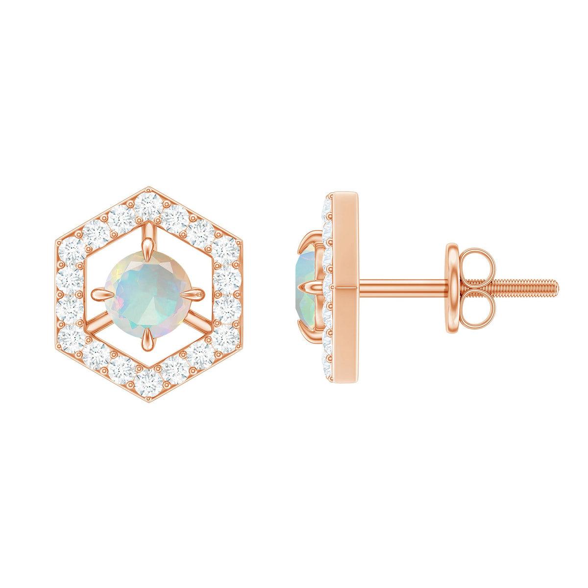 Minimal Ethiopian Opal and diamond geometric stud earrings by Rosec Jewels featuring 1 carat total weight.