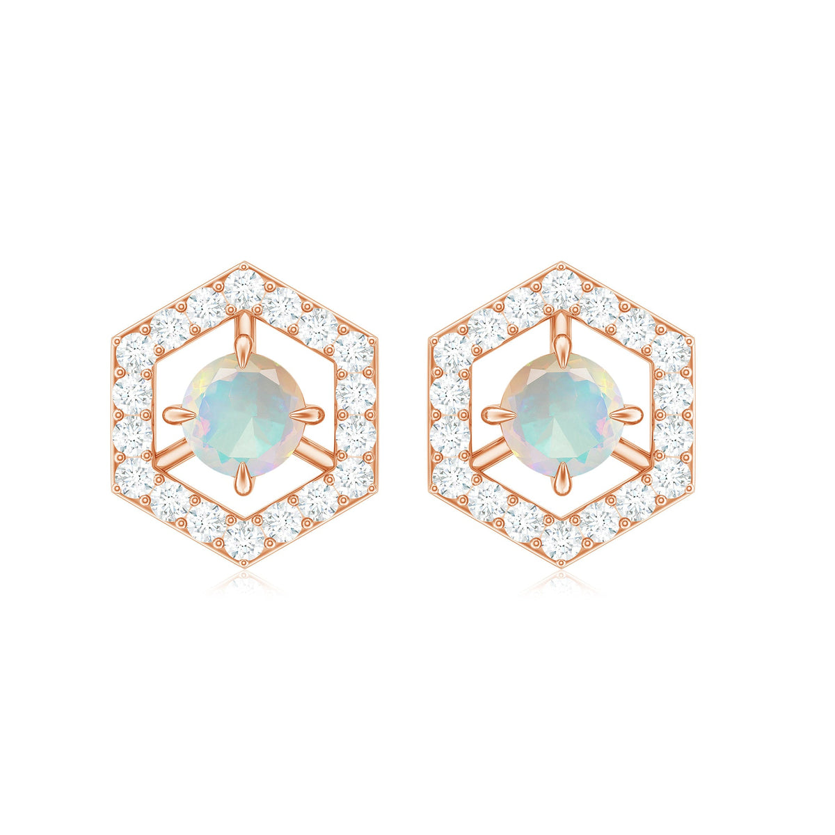 Minimal Ethiopian opal and diamond geometric stud earrings by Rosec Jewels featuring 1 carat total weight, sparkling and elegant design.