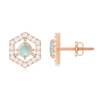 Minimal Ethiopian opal and diamond geometric stud earrings by Rosec Jewels featuring elegant design and sparkling gemstones.