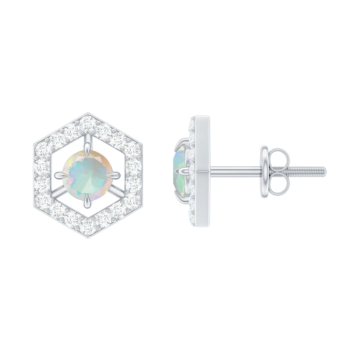 Minimal Ethiopian Opal and diamond geometric stud earrings by Rosec Jewels featuring 1 carat total weight, elegant and modern design.