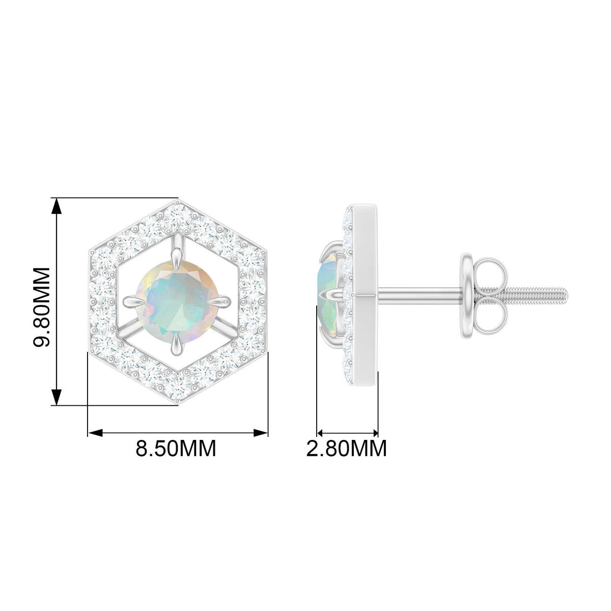Minimal Ethiopian opal and diamond geometric stud earrings by Rosec Jewels featuring a sleek, modern design.