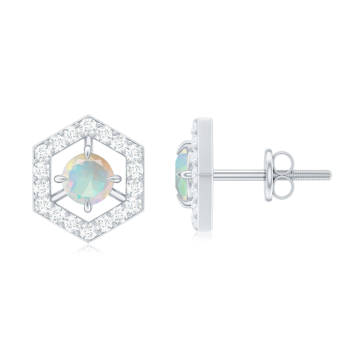 Minimal Ethiopian Opal and diamond geometric stud earrings by Rosec Jewels featuring 1 carat total weight.