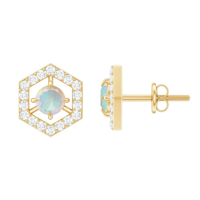 Minimal Ethiopian Opal and diamond geometric stud earrings by Rosec Jewels featuring 1 carat total weight, elegant and modern jewelry.