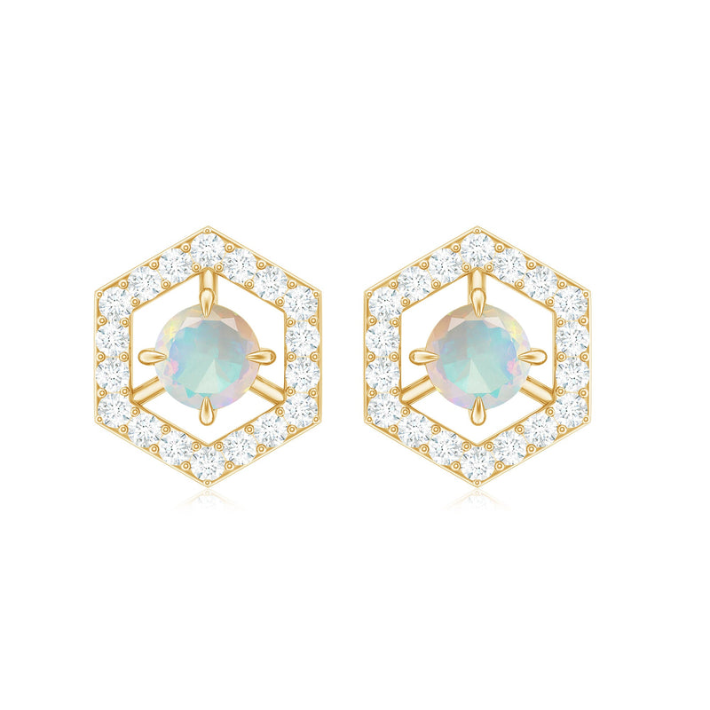 Minimal Ethiopian Opal and diamond geometric stud earrings by Rosec Jewels featuring a sleek, modern design with sparkling accents.