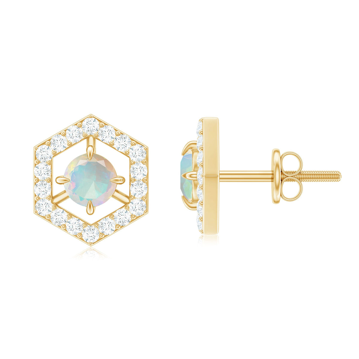 Minimal Ethiopian Opal and Diamond geometric stud earrings by Rosec Jewels featuring 1 carat total weight and modern design.