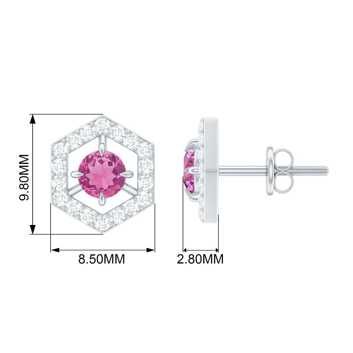 Minimal pink tourmaline and diamond geometric stud earrings from Rosec Jewels featuring elegant, modern jewelry design.