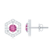 Minimal pink tourmaline and diamond geometric stud earrings by Rosec Jewels, showcasing elegant jewelry design.