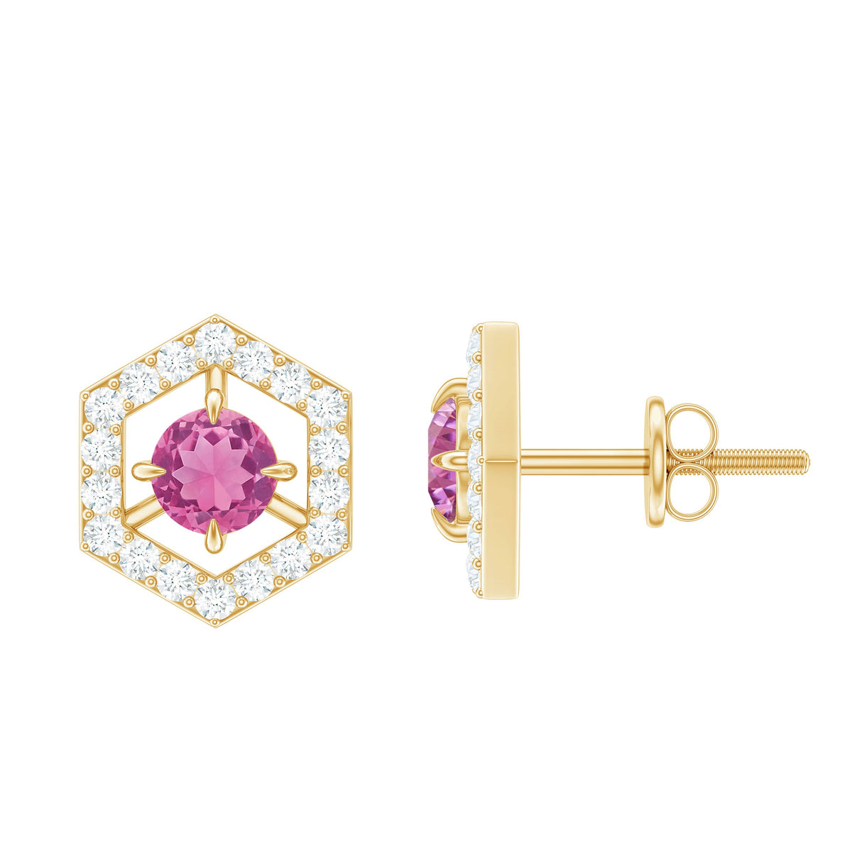 Minimal pink tourmaline and diamond geometric stud earrings by Rosec Jewels featuring sleek design and sparkling gemstones.