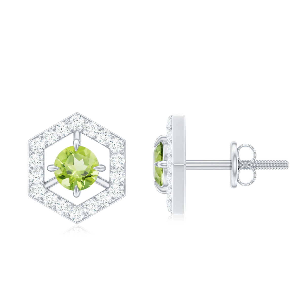 Minimal 0.75 CT peridot and diamond geometric stud earrings by Rosec Jewels featuring sleek silver settings.
