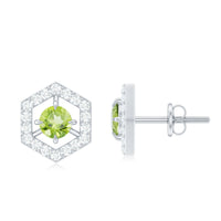 Minimal 0.75 CT peridot and diamond geometric stud earrings by Rosec Jewels featuring sleek silver settings.