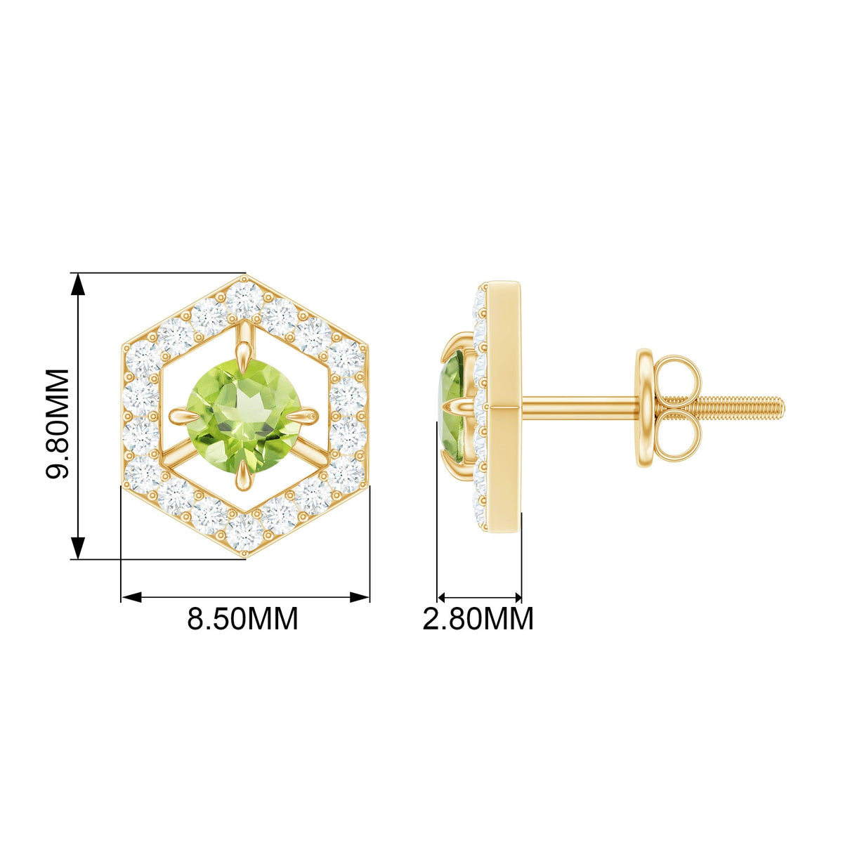 Minimal 0.75 CT peridot and diamond geometric stud earrings by Rosec Jewels featuring a modern design.