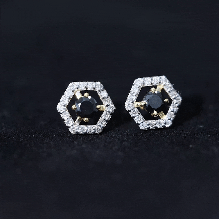 Yellow gold hexagon stud earrings featuring 0.9 carat black spinel and diamond accents by Rosec Jewels