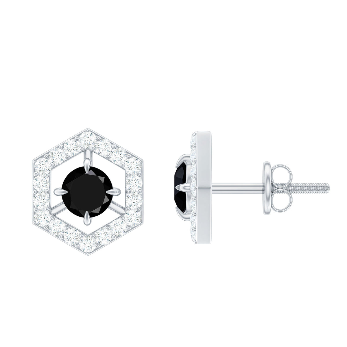 Black spinel and diamond hexagon stud earrings by Rosec Jewels featuring 0.9 carats, crafted in elegant gold.