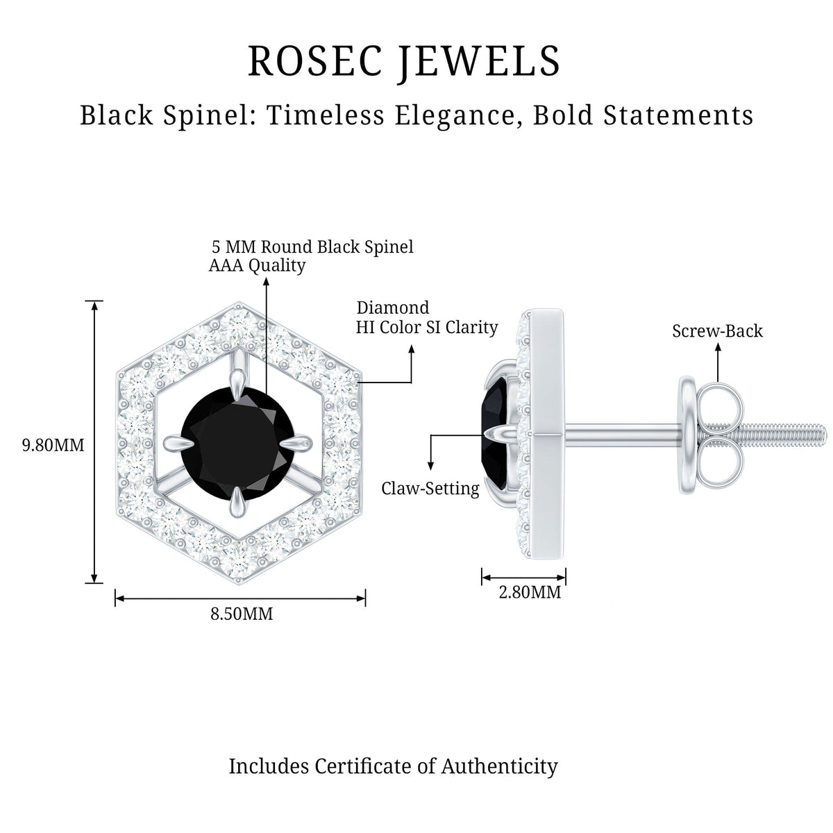 Black spinel and diamond hexagon stud earrings by Rosec Jewels featuring 0.9 carats of sparkling gemstones and sleek geometric design.
