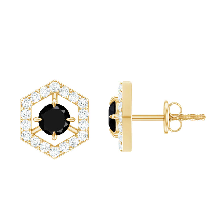 Black spinel and diamond hexagon stud earrings by Rosec Jewels featuring 0.9 carats of sparkling gemstones.