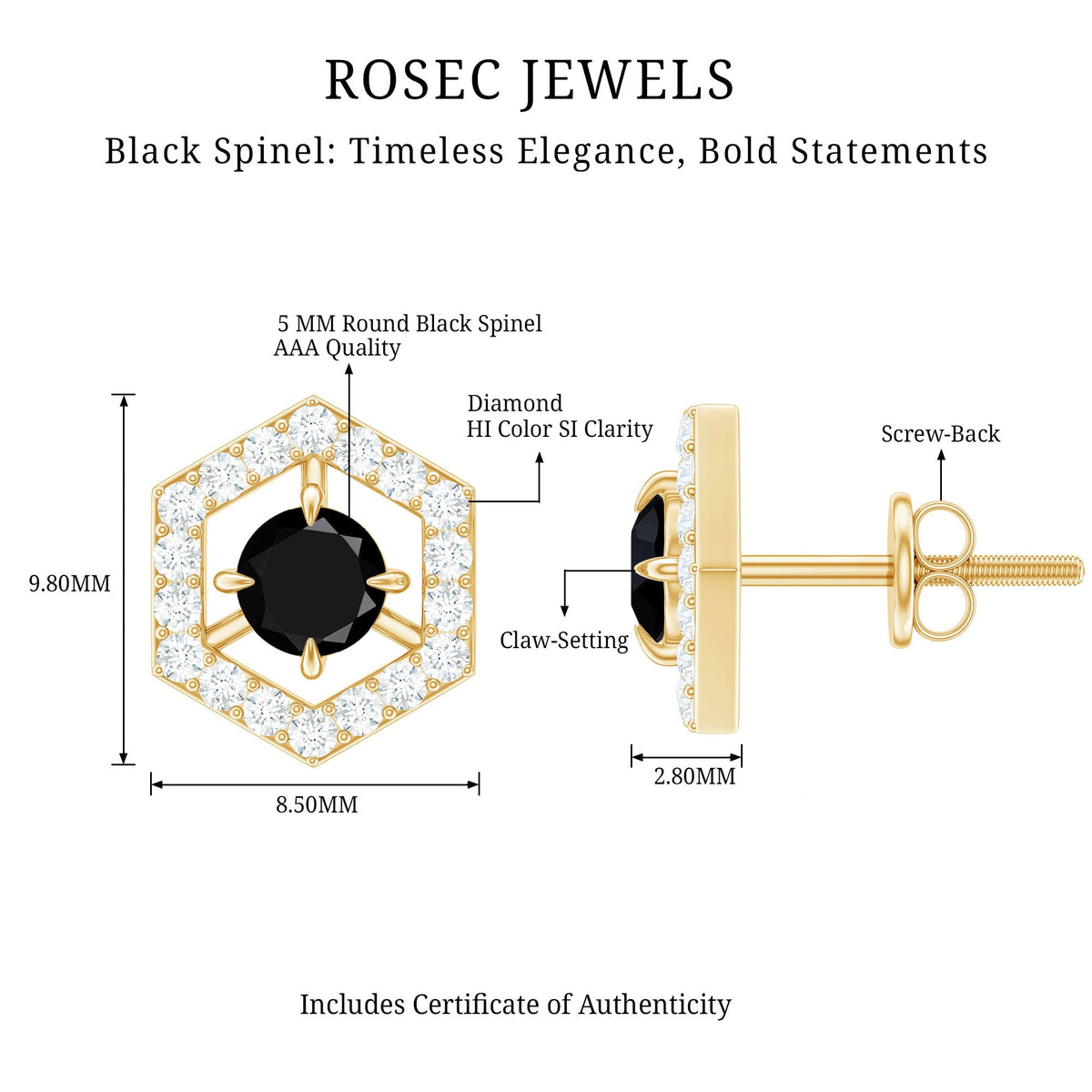 Black spinel and diamond hexagon stud earrings by Rosec Jewels featuring 0.9 carats of sparkle and modern geometric design.